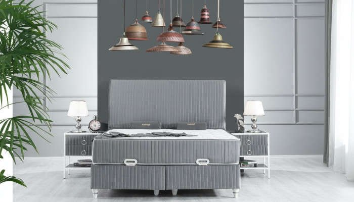 Bedroom Set Grey Metal Bed Boxspring Design 2x Nightstands New 3-piece.