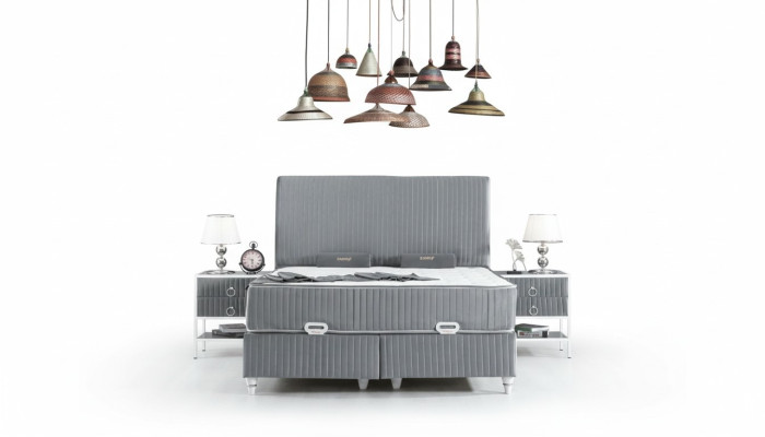 Bedroom Set Grey Metal Bed Boxspring Design 2x Nightstands New 3-piece.
