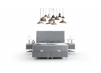 Bedroom Set Grey Metal Bed Boxspring Design 2x Nightstands New 3-piece.