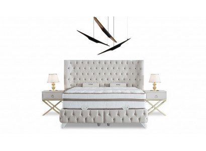 Bedroom Set White Box Spring Bed Chesterfield Elegant 2x Bedside Tables 3-piece.