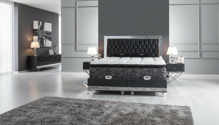 Bedroom set black metal bed 2x nightstands luxury new 3-piece set.
