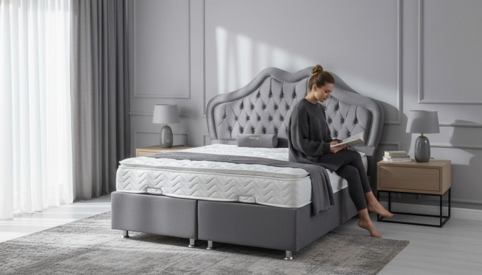 Bed Gray Double Bed Box Spring Beds Style Fabric Chesterfield 160x200