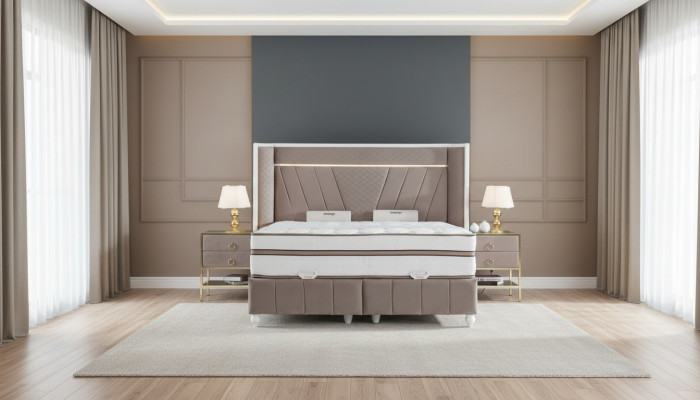 Luxury Bedroom Set Beige Bed 2x Nightstands Beds Furniture LED 3-piece
