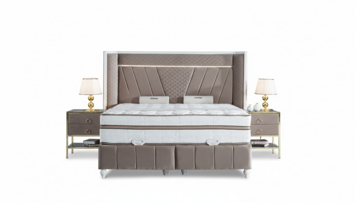 Luxury Bedroom Set Beige Bed 2x Nightstands Beds Furniture LED 3-piece