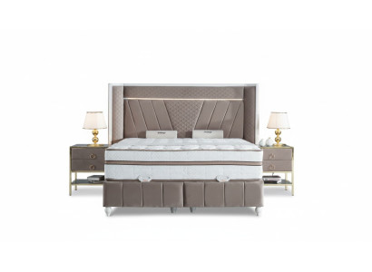 Luxury Bedroom Set Beige Bed 2x Nightstands Beds Furniture LED 3-piece