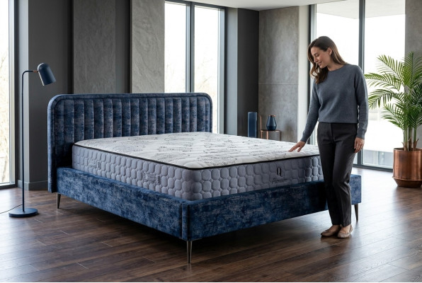 Bed Blue Double Bed Bedroom Wood Furniture Design Elegant Upholstery Fabric New