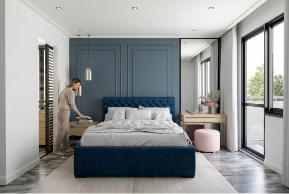 Bed Blue Modern Design Fabric Upholstered Bedroom Double Bed Wood Elegant New