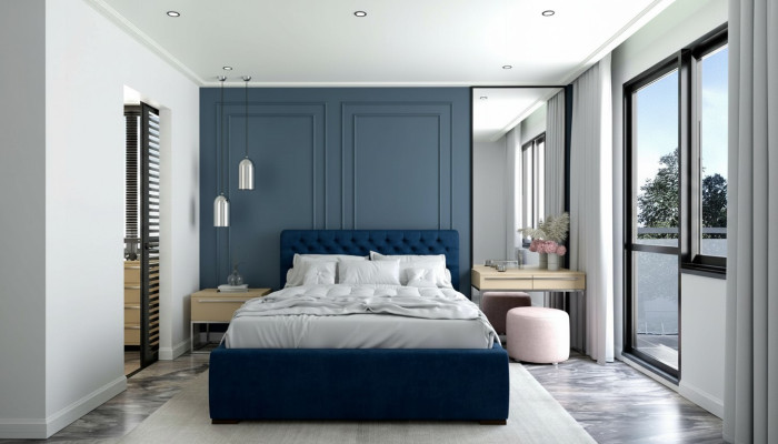 Bed Blue Modern Design Fabric Upholstered Bedroom Double Bed Wood Elegant New
