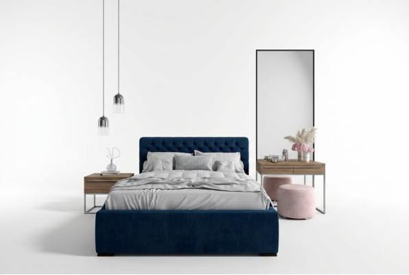 Bed Blue Modern Design Fabric Upholstered Bedroom Double Bed Wood Elegant New