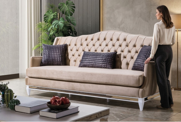 Beige Chesterfield three-seater luxury textile sofa designer fabric couches