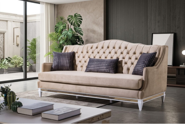 Beige Chesterfield three-seater luxury textile sofa designer fabric couches