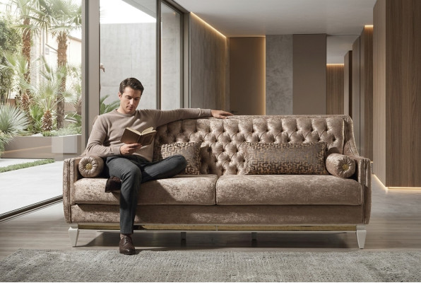 Beige 3-seater fabric sofa Chesterfield three-seater upholstered couch 3-seater