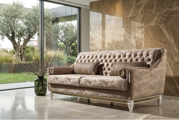 Beige 3-seater fabric sofa Chesterfield three-seater upholstered couch 3-seater