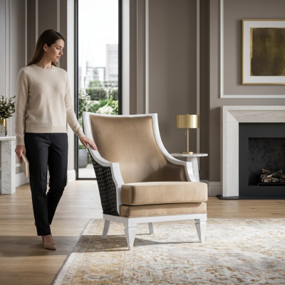 Light beige armchair with armrests, single-seater, wooden frame, wooden reclining chair.