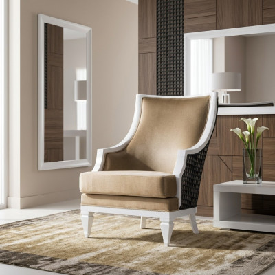 Light beige armchair with armrests, single-seater, wooden frame, wooden reclining chair.
