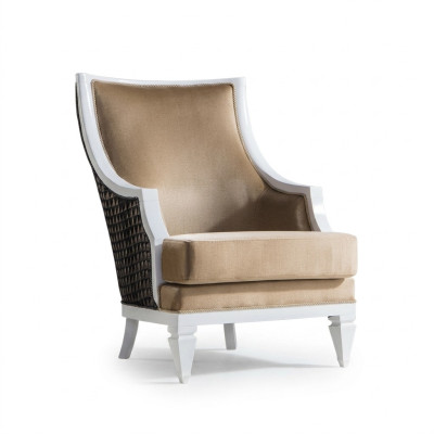 Light beige armchair with armrests, single-seater, wooden frame, wooden reclining chair.