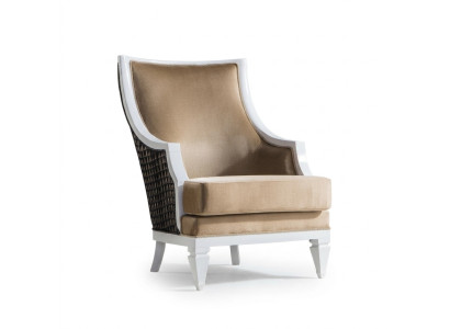 Light beige armchair with armrests, single-seater, wooden frame, wooden reclining chair.