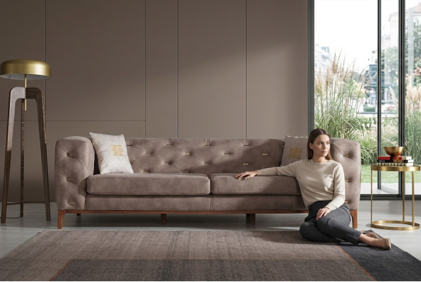 Sofa Couch 3-Seater Upholstered Living Room Couches Designer Furniture Taupe Luxury
