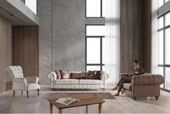 White-Brown Chesterfield Seating Group Designer Sofas Luxury Set 3+2+1