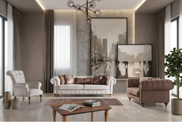 White-Brown Chesterfield Seating Group Designer Sofas Luxury Set 3+2+1