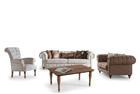 White-Brown Chesterfield Seating Group Designer Sofas Luxury Set 3+2+1