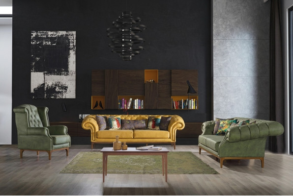 Green-Yellow Upholstered Suite Designer Three-Seater Luxury Armchair 3+3+1 Set
