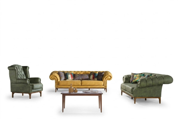 Green-Yellow Upholstered Suite Designer Three-Seater Luxury Armchair 3+3+1 Set