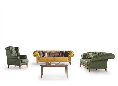 Green-Yellow Upholstered Suite Designer Three-Seater Luxury Armchair 3+3+1 Set
