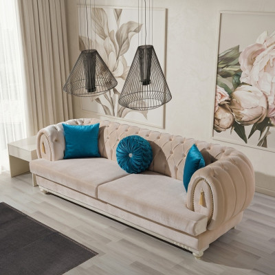 Beige Chesterfield Upholstered Couch Designer Three-Seater Fabric Sofa 3-seater