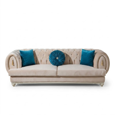 Beige Chesterfield Upholstered Couch Designer Three-Seater Fabric Sofa 3-seater