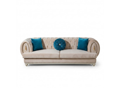 Beige Chesterfield Upholstered Couch Designer Three-Seater Fabric Sofa 3-seater