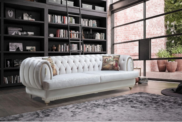 White Chesterfield Three-Seater Modern Sofa Stylish Living Room Couch