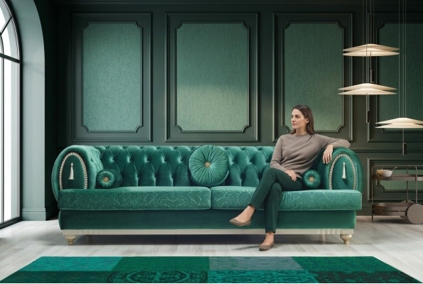 Modern sofa 3-seater green sofa luxurious living room couch wooden frame