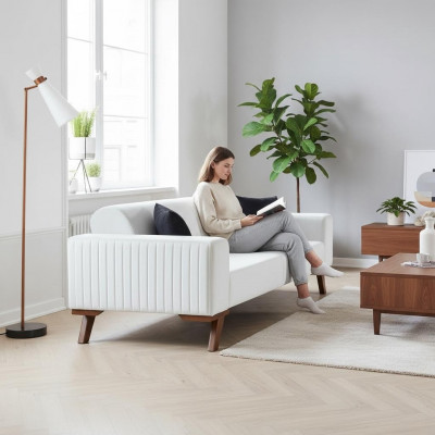 Modern upholstered couch, three-seater sofa, furniture, white velvet fabric