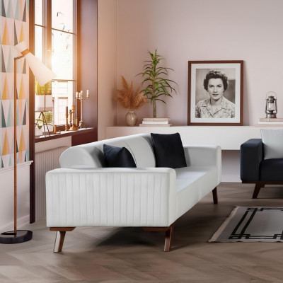 Modern upholstered couch, three-seater sofa, furniture, white velvet fabric