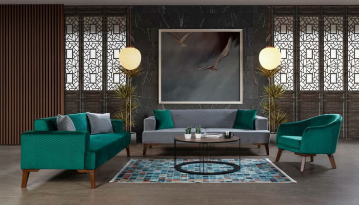 Sofa set 3+3+1 seater designer living landscape gray turquoise green