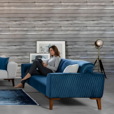 Blue couch three-seater sofa elegant seating furniture living room velvet