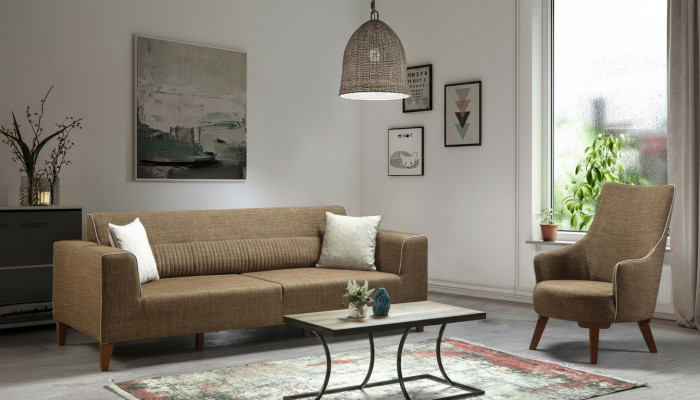 3+1 Seat Upholstered Sofa Set Upholstered Furniture Brown Fabric