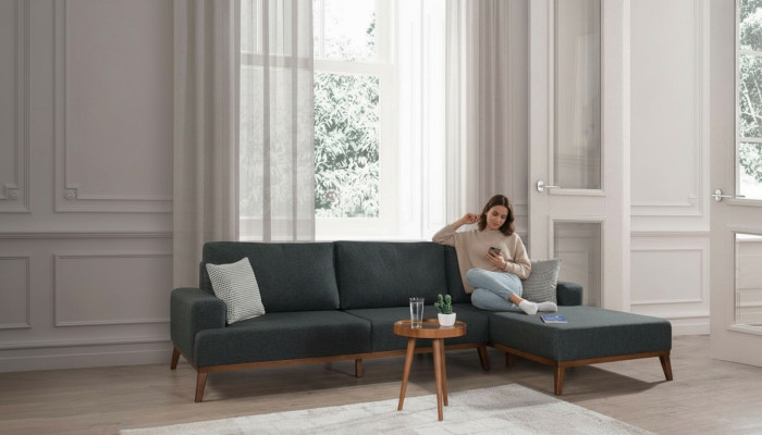 Sectional L-shaped sofa set, fabric seat, living room upholstered furniture, corner sofa.