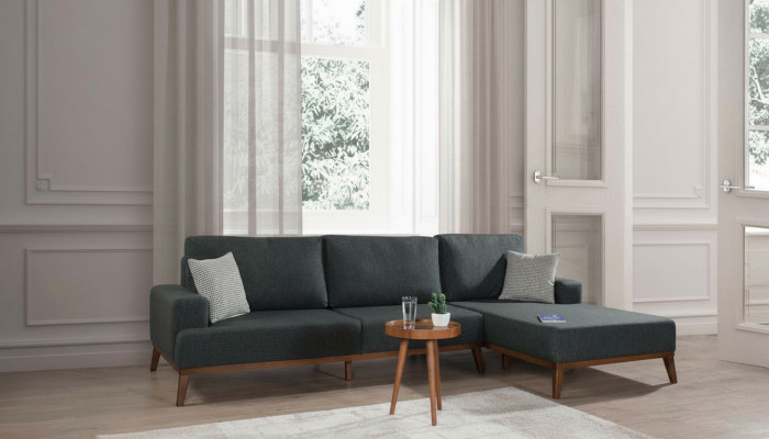 Sectional L-shaped sofa set, fabric seat, living room upholstered furniture, corner sofa.