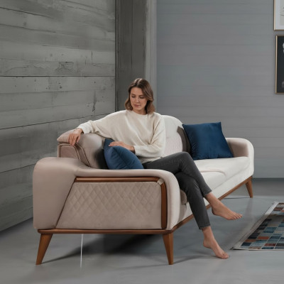 Beige couch living room three-seater seat cushion sofa furniture velvet wood