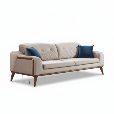 Beige couch living room three-seater seat cushion sofa furniture velvet wood