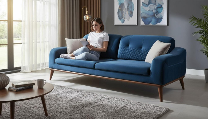 Blue couch three-seater sofa living room seat cushion furniture velvet wood