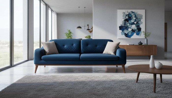Blue couch three-seater sofa living room seat cushion furniture velvet wood