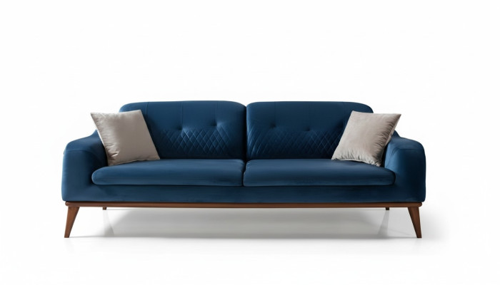 Blue couch three-seater sofa living room seat cushion furniture velvet wood