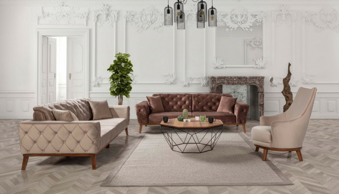 Sofa set Sofa 3+3+1 Seat Brown Armchair Fabric Chesterfield Velvet