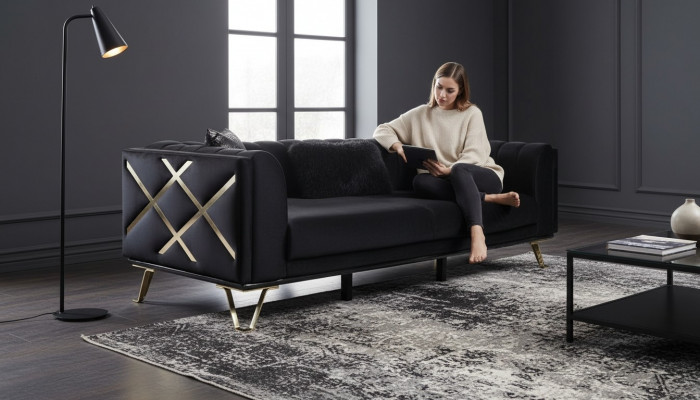 Luxury Sofa 3-Seater Couch Textile Furniture Black Velvet