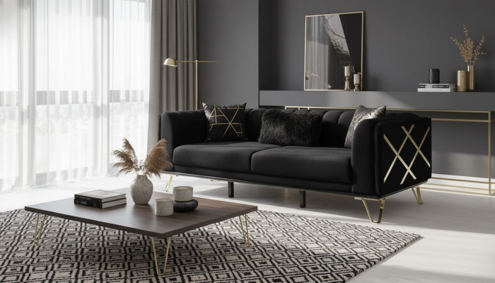 Luxury Sofa 3-Seater Couch Textile Furniture Black Velvet