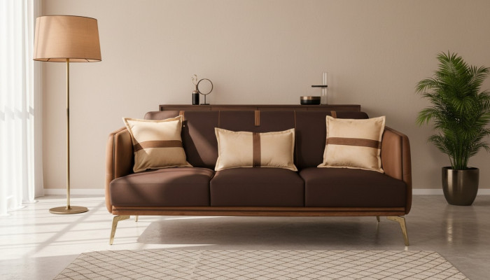 Three-seater sofa 3-seater sofas seating fabric modern style textile couches furniture brown