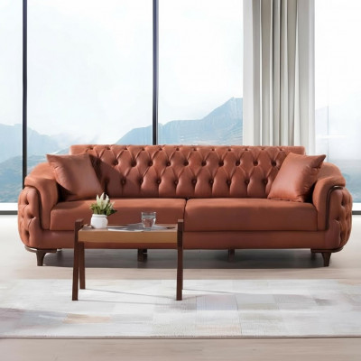 Orange Chesterfield Couch Three-Seater Sofa Furniture Velvet Wood Seat Cushion